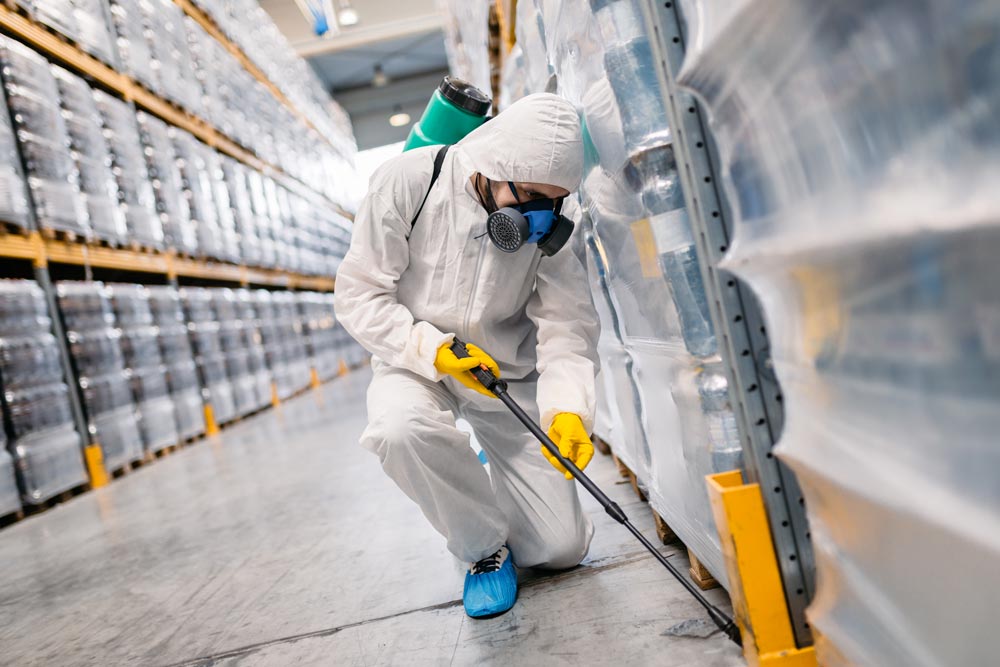 man spraying commercial building for pests