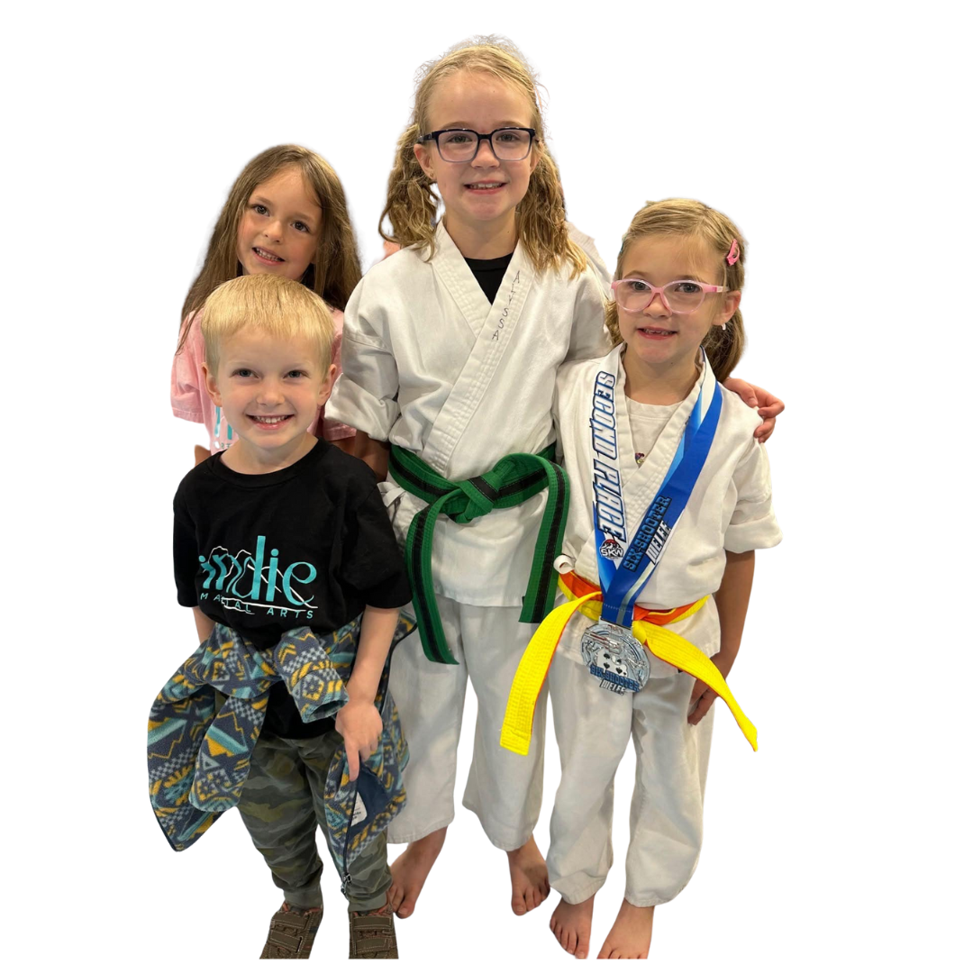 A boy and a girl are practicing karate together.