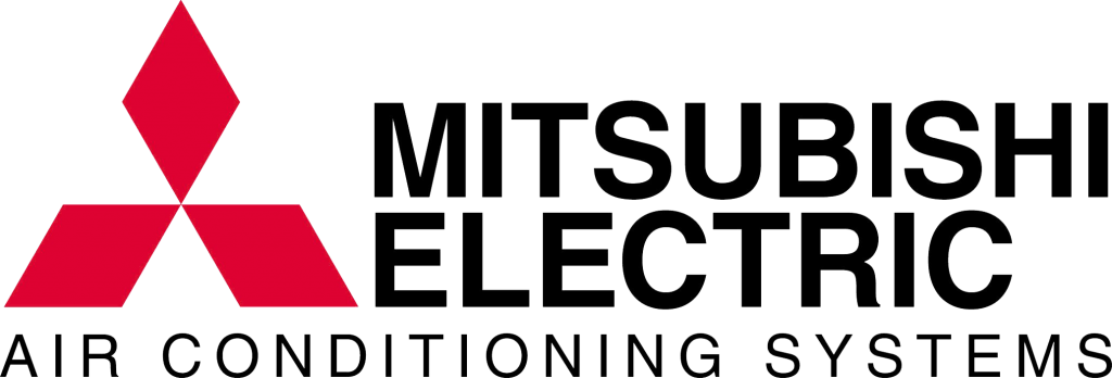The logo for mitsubishi electric air conditioning systems is red and black.