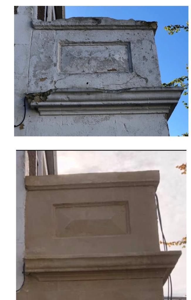 A picture of a building before and after being restored