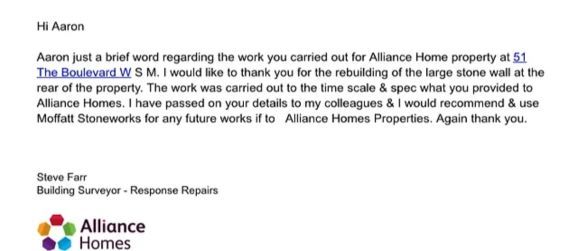 A brief word regarding the work you carried out for alliance homes property