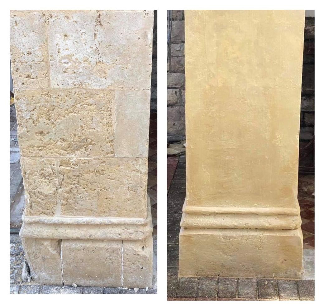 A before and after picture of a stone column.
