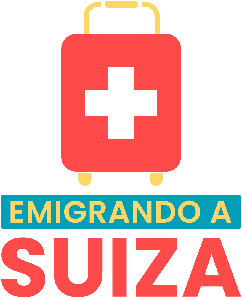 Una maleta roja con una cruz suiza y las palabras emigrando a suiza debajo