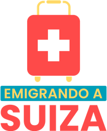 Una maleta roja con una cruz suiza y las palabras emigrando a suiza debajo