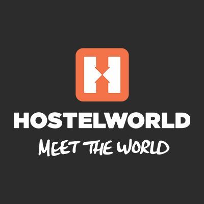 Un logotipo para hostelworld conoce el mundo sobre un fondo negro.