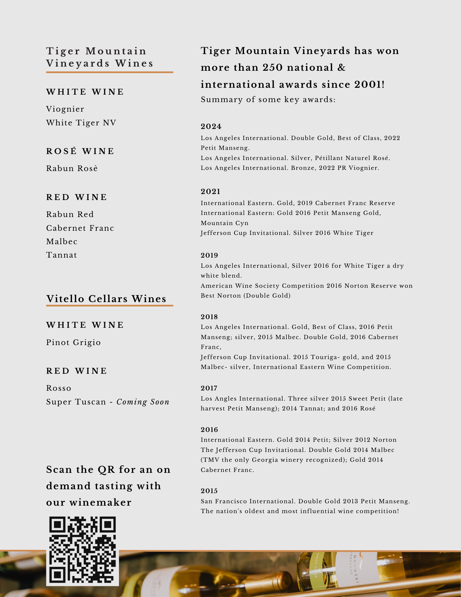 Tiger Mountain Vineyards Wholesale Onepager, including our awards & wines