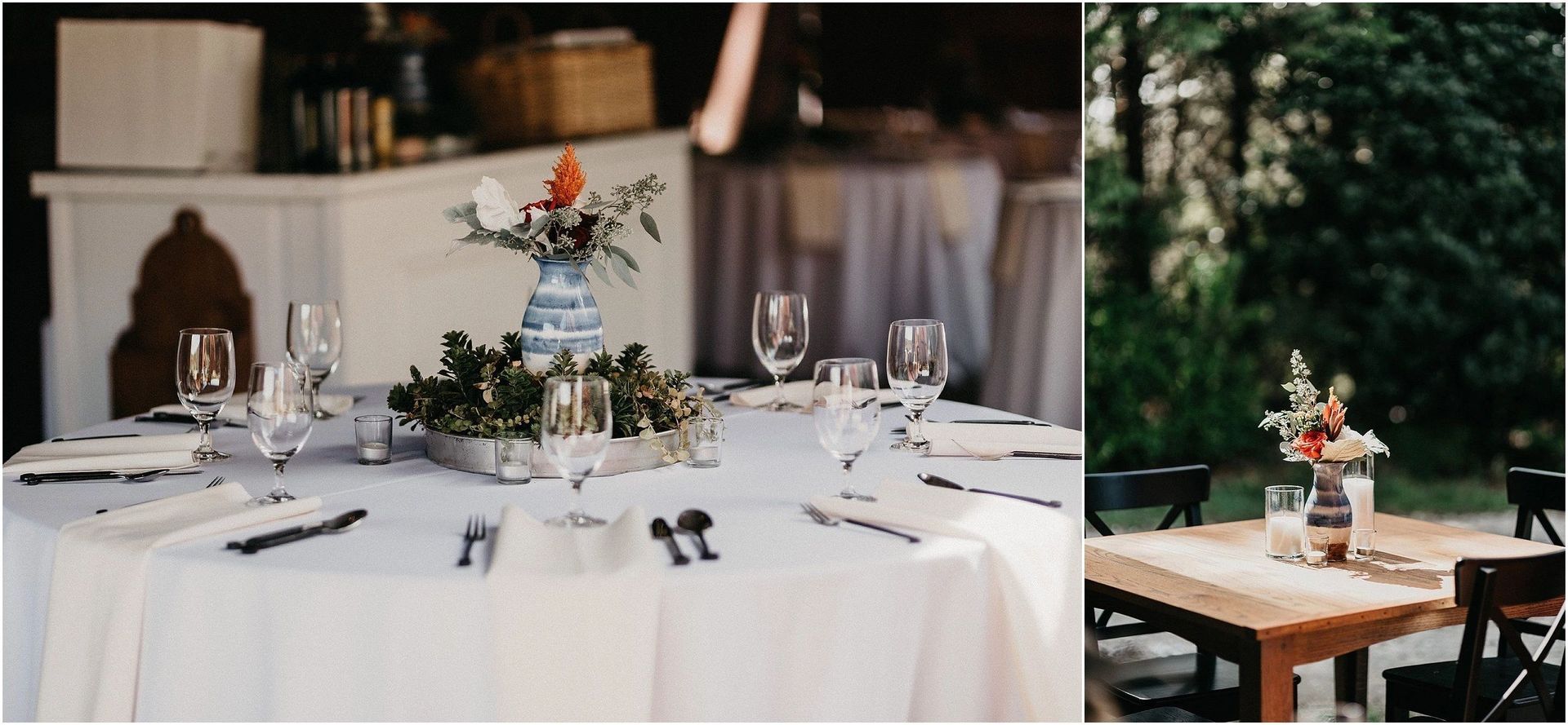 A table with a white tablecloth and a vase of flowers on it.