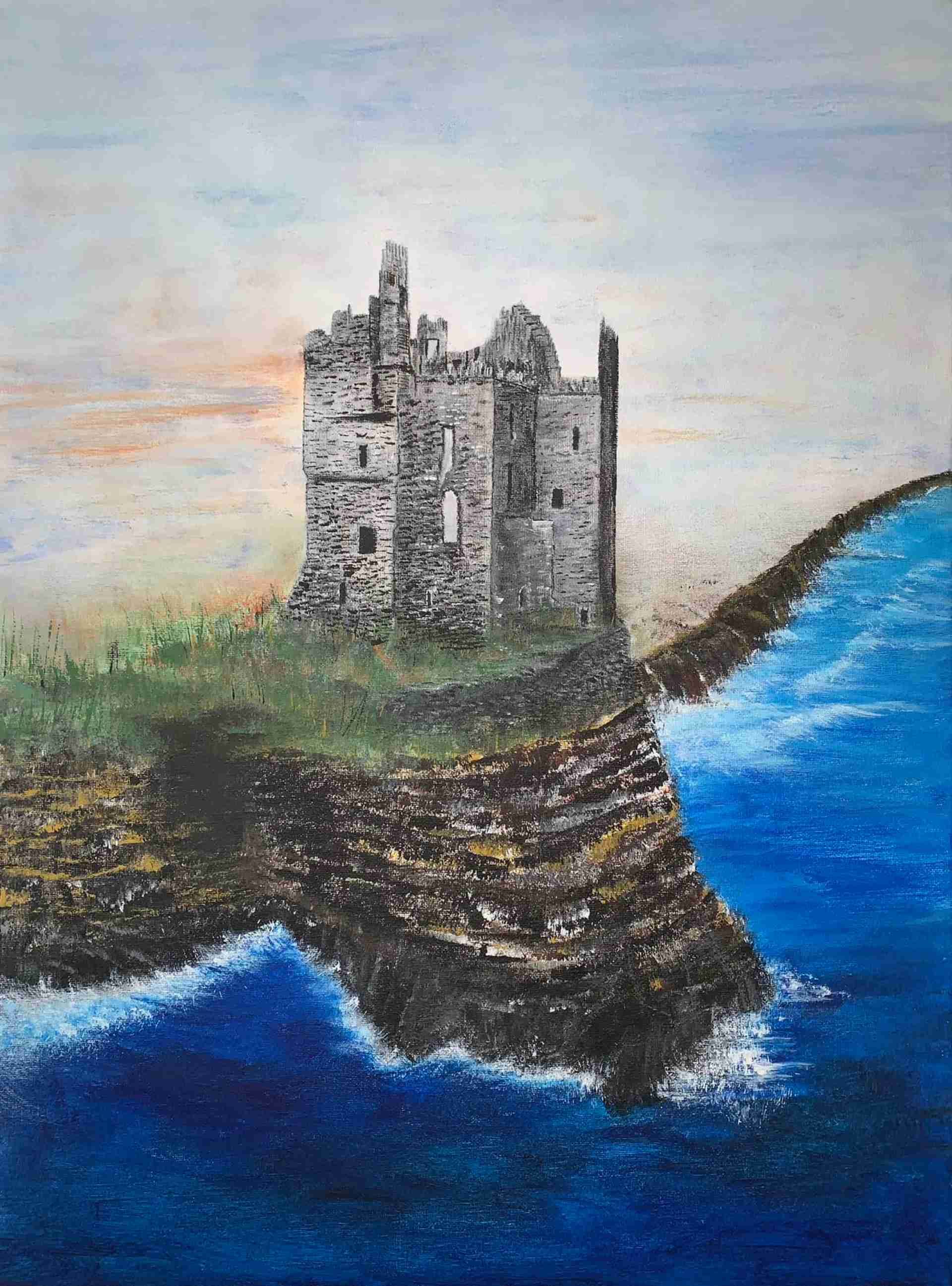 A painting of a castle on a cliff overlooking the ocean.