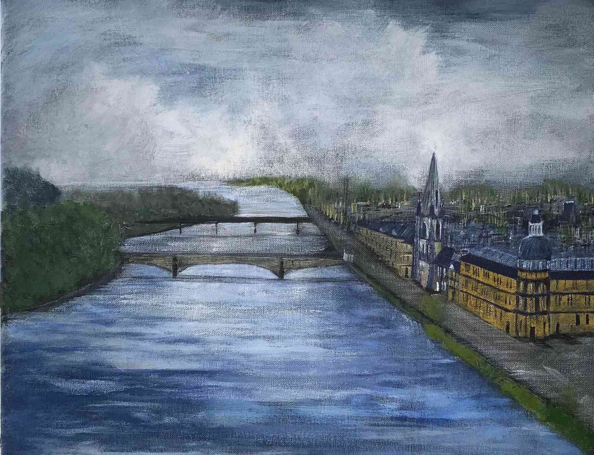 A painting of a river with a bridge over it and a city in the background.