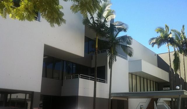 A large white building with palm trees in front of it