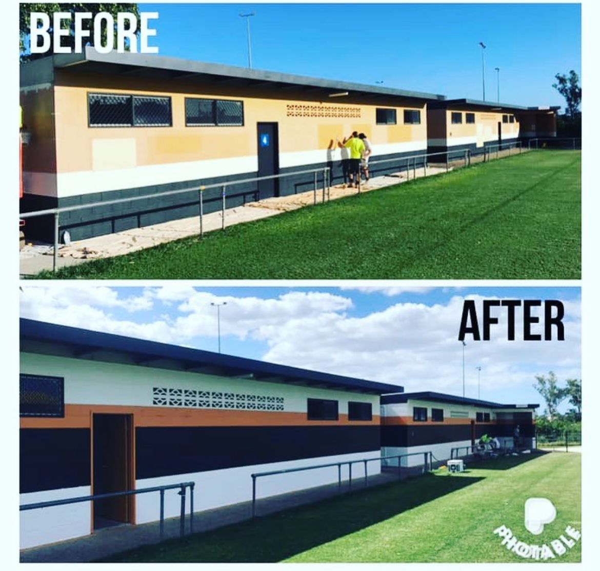A picture of a building before and after being painted