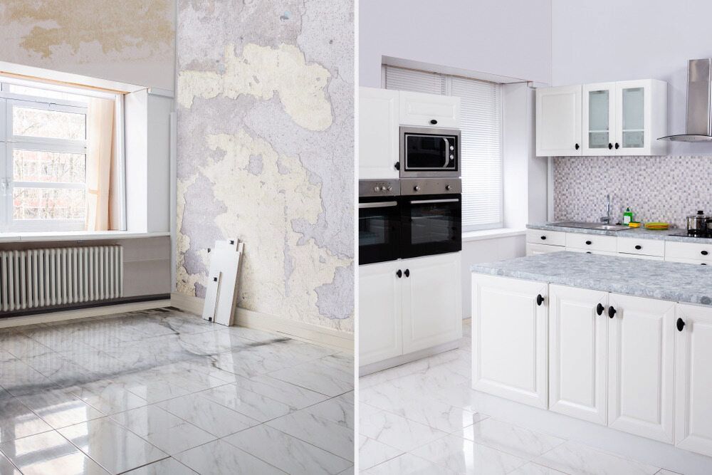A Before and After Photo of a Kitchen Being Remodeled — Ozi Construction Pty Ltd in Chatswood, NSW