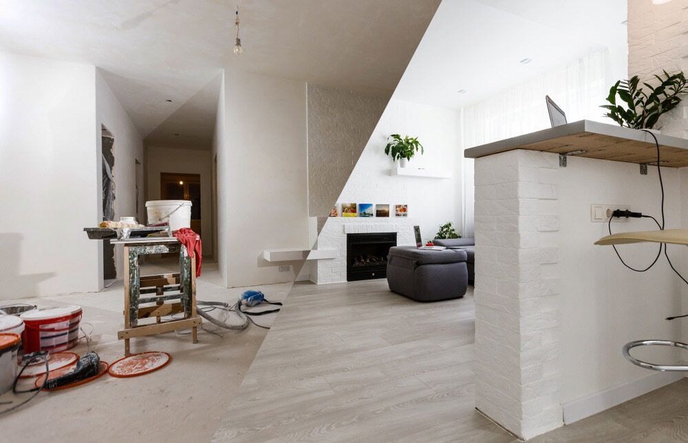 A Before and After Photo of a Living Room Being Remodeled — Ozi Construction Pty Ltd in Griffith, ACT