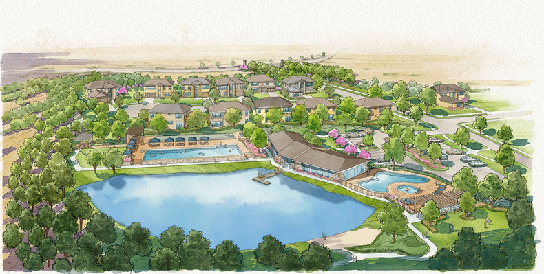 Aerial watercolor  vignette - retirement clubhouse and amenities.