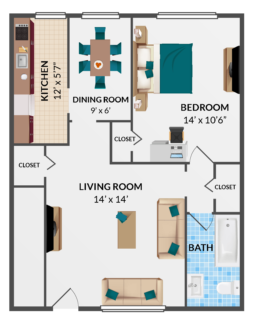 Floor Plan - 1 Bedroom 1 Bathroom