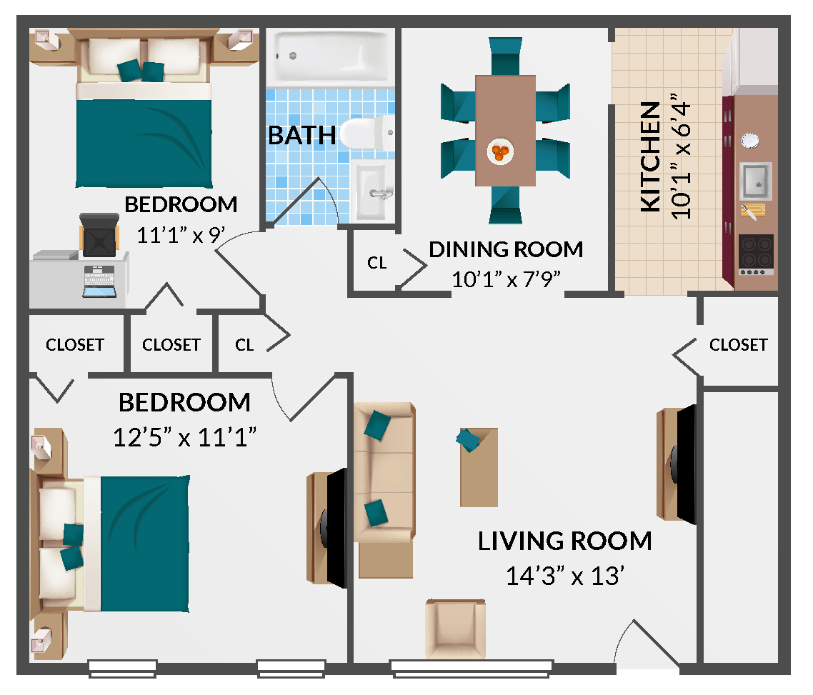 Floor Plan - 2 Bedrooms 1 Bathroom