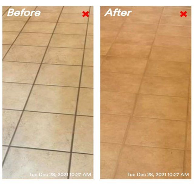 Before and after cleaning of a tiled floor; tiles are lighter in color after cleaning.