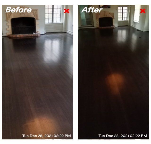 Comparison of hardwood floors before and after refinishing; the after picture has a much richer, darker tone.