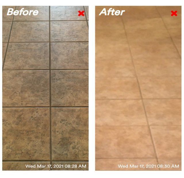 Before and after shots of a tile floor cleaning. The 