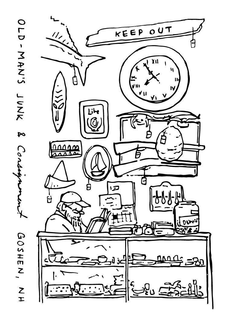 Line drawing of a pawn shop: 