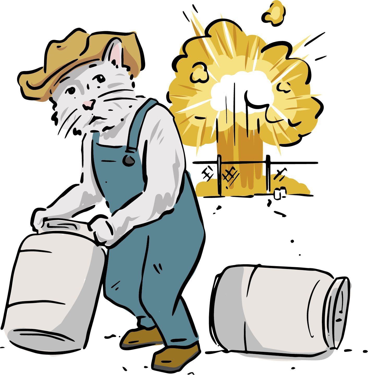 Cat in overalls and hat holds a canister, explosion in background.