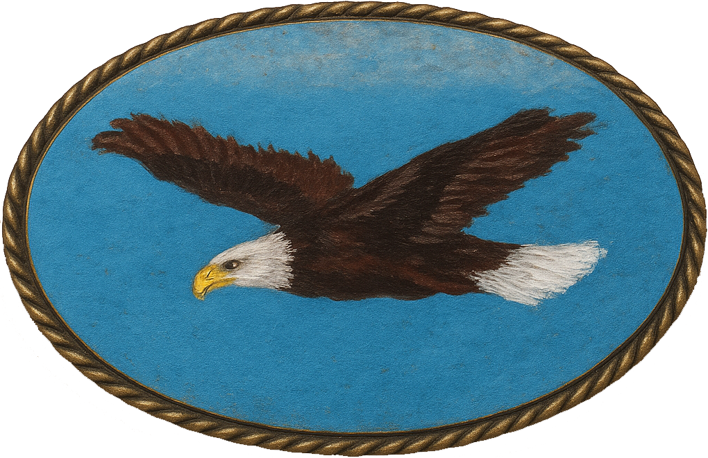 Bald eagle in flight, brown body, white tail, yellow beak, blue background within oval frame.
