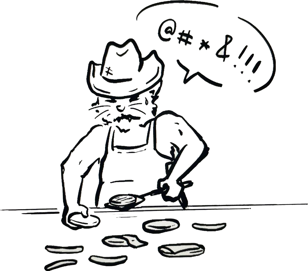 Cat wearing a cowboy hat, swearing while flipping pancakes.