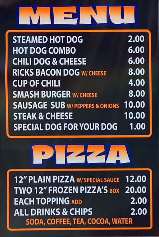 Menu: hot dogs, burgers, subs, pizza. Prices listed for each item. Beverages and chips also available.