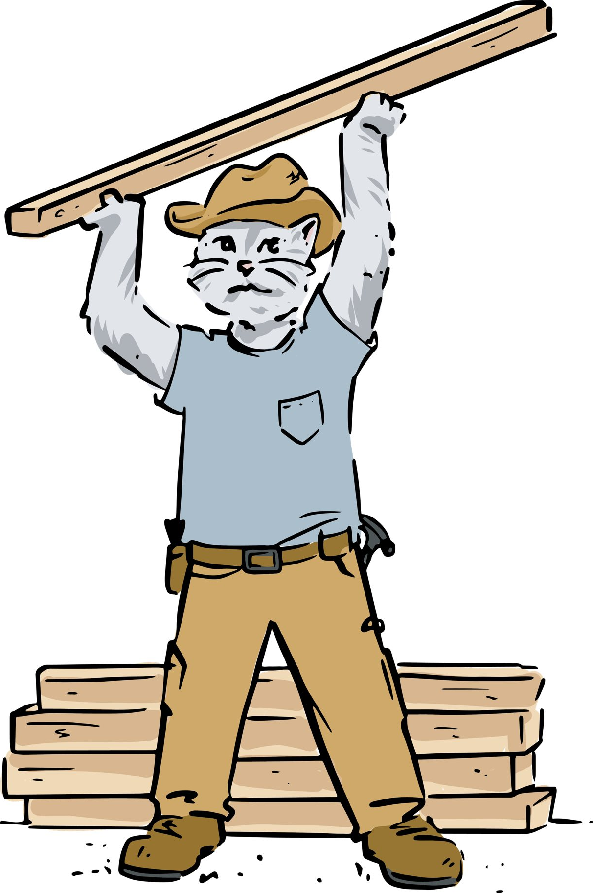 Cat carpenter holding a wooden plank above his head, standing in front of stacked planks.