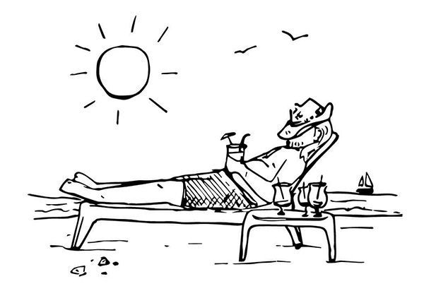 Person in cowboy hat relaxing on a beach chair, enjoying drinks, under the sun.