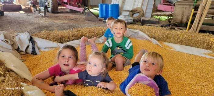 A group of children are laying on top of a pile of corn.