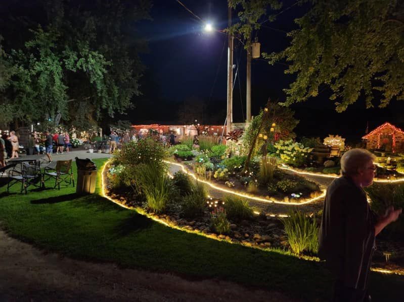 A man is standing in front of a garden at night.