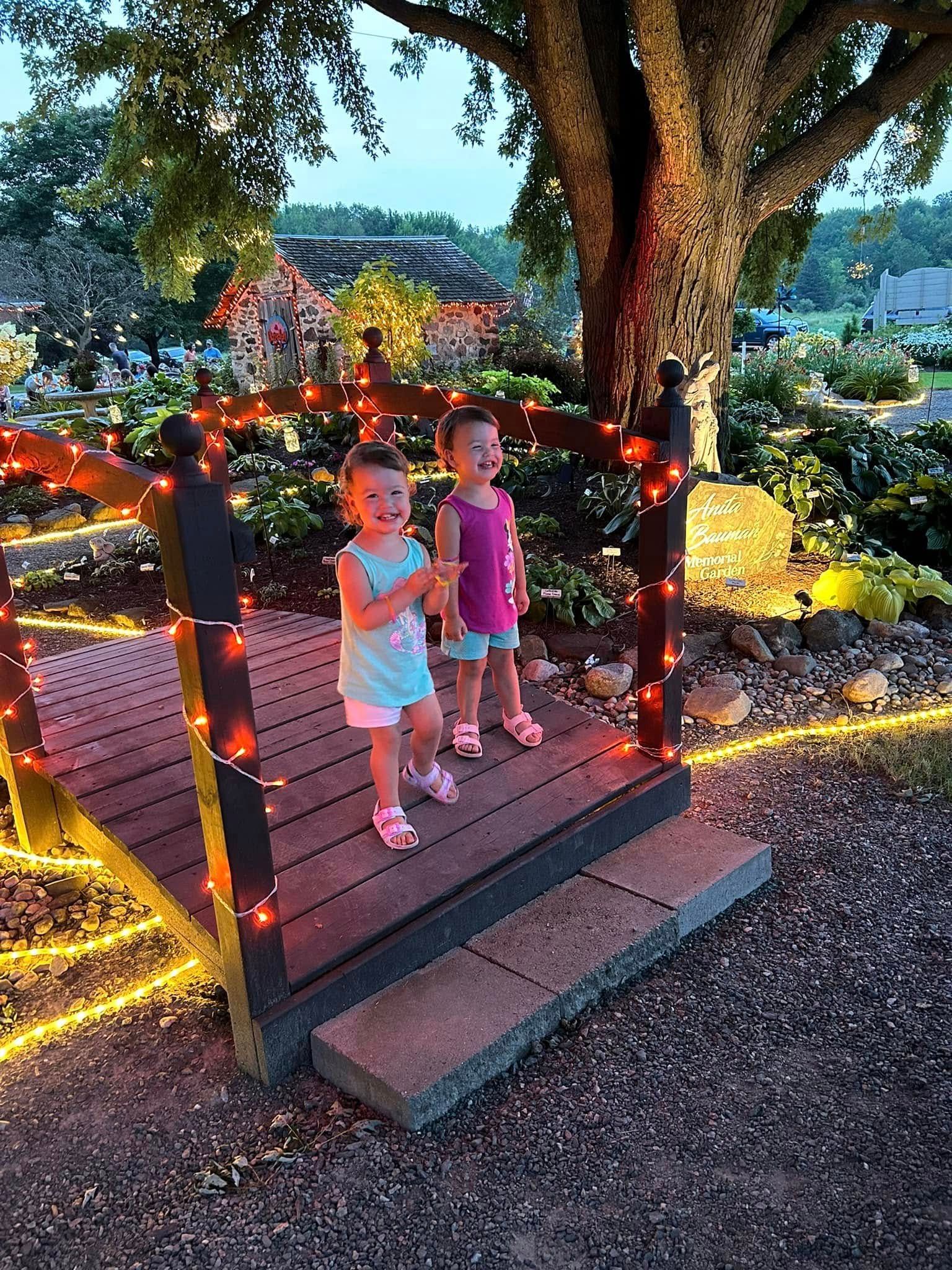 Two little girls are standing on a bridge decorated with christmas lights.