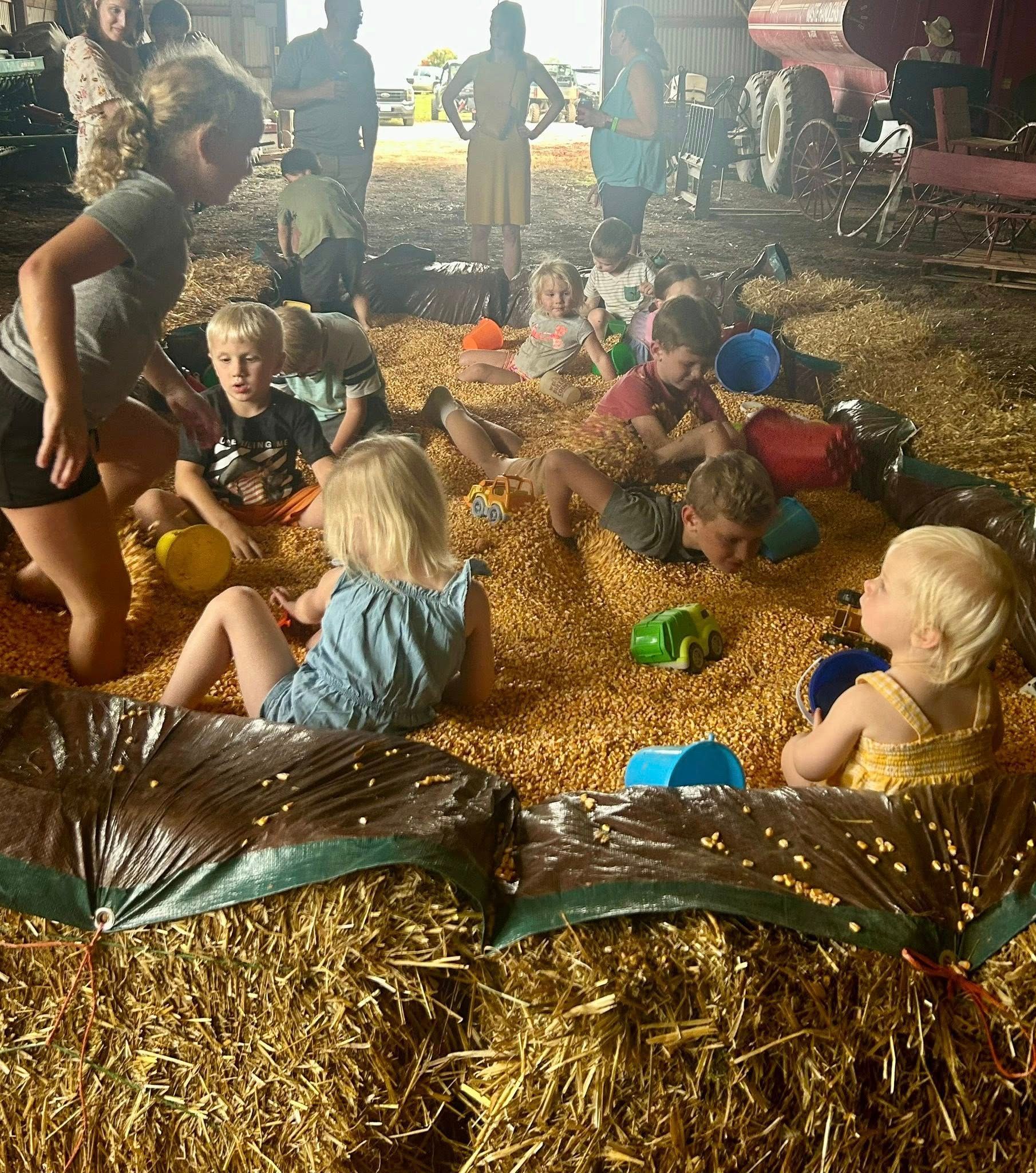 Children playing in a large corn pit, some with buckets, in a barn-like setting.
