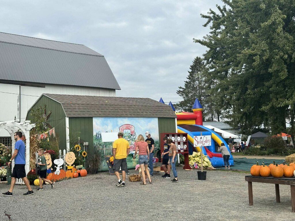 Farm stand with people, pumpkins, inflatable castle, and barn. Overcast day.