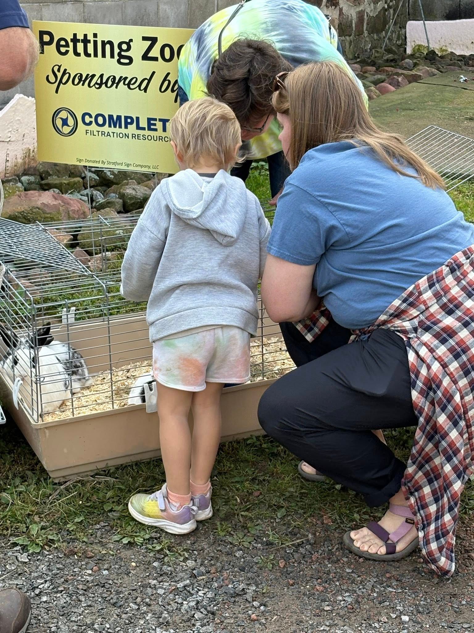 Child looks at animals in a petting zoo. Others watch nearby.