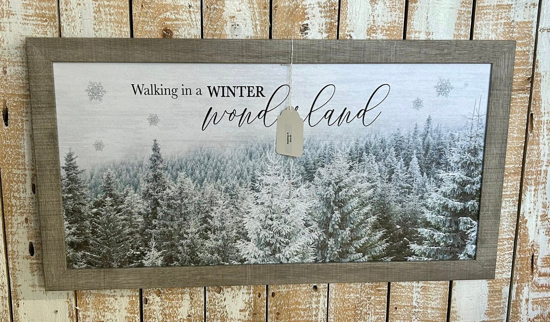 Framed winter scene with snowy trees, text 