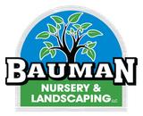 Logo for Bauman Nursery & Landscaping: Tree with green leaves over blue, "BAUMAN" over green banner.