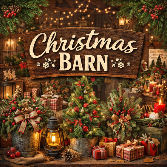 Christmas-themed barn setting with trees, presents, candles, and a wooden sign that reads 