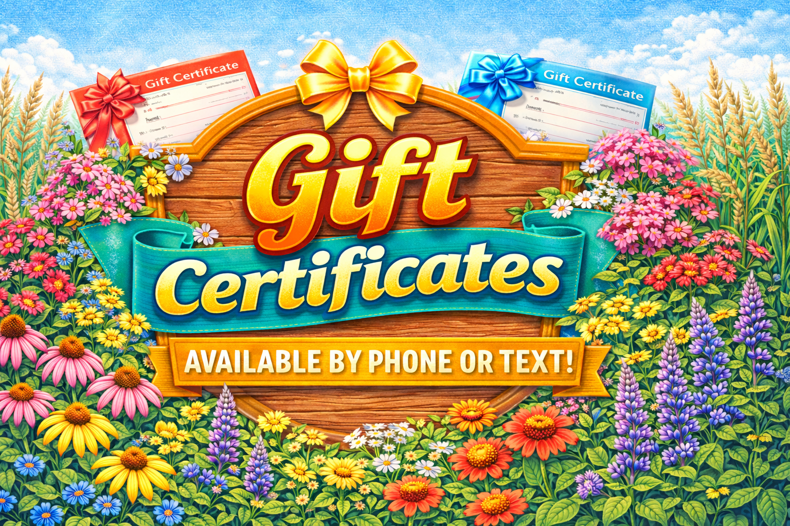 Gift certificates ad featuring floral border, wooden sign with text, and gift cards. Available by phone or text.
