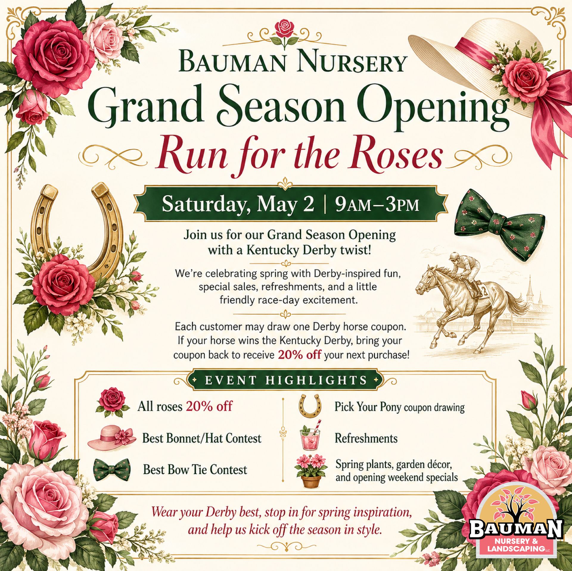 Bauman Nursery Season Opener graphic. Colorful spring flowers and butterflies surround a banner with event details for April 2026.