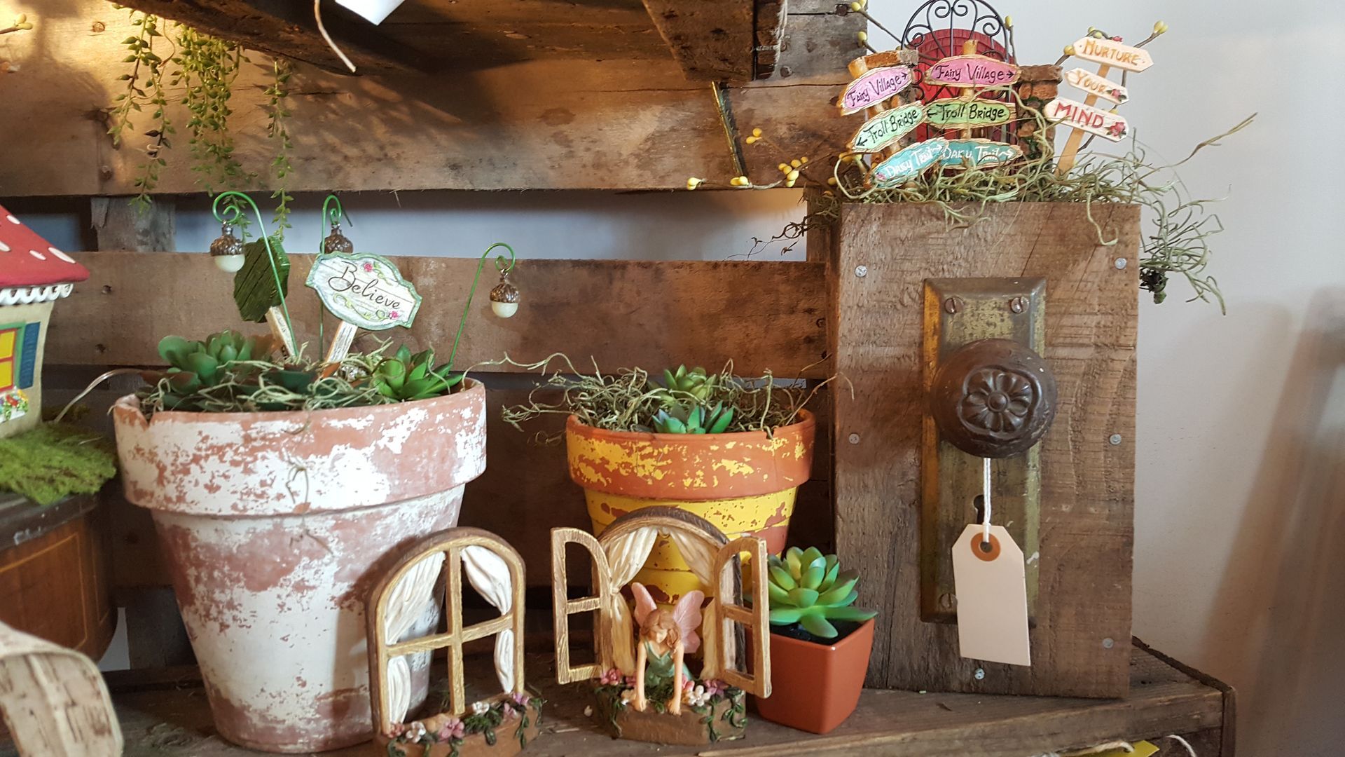 Arrangement of succulent plants in weathered pots with fairy decorations, set on a wooden shelf.