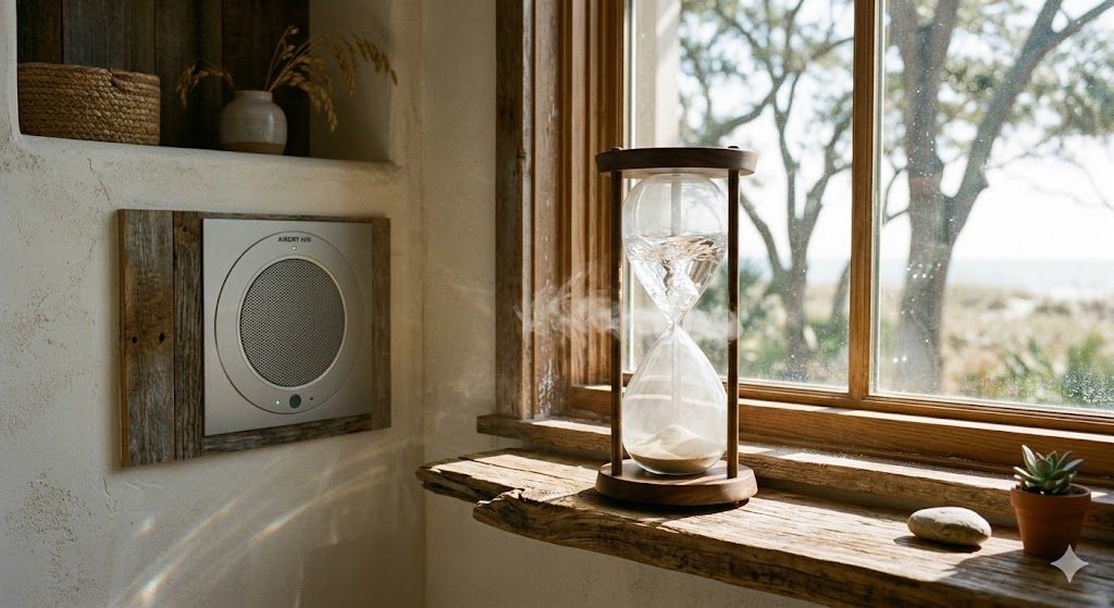 Sunlit rustic kitchen windowsill with candles, a small plant, and a wooden tray by the window