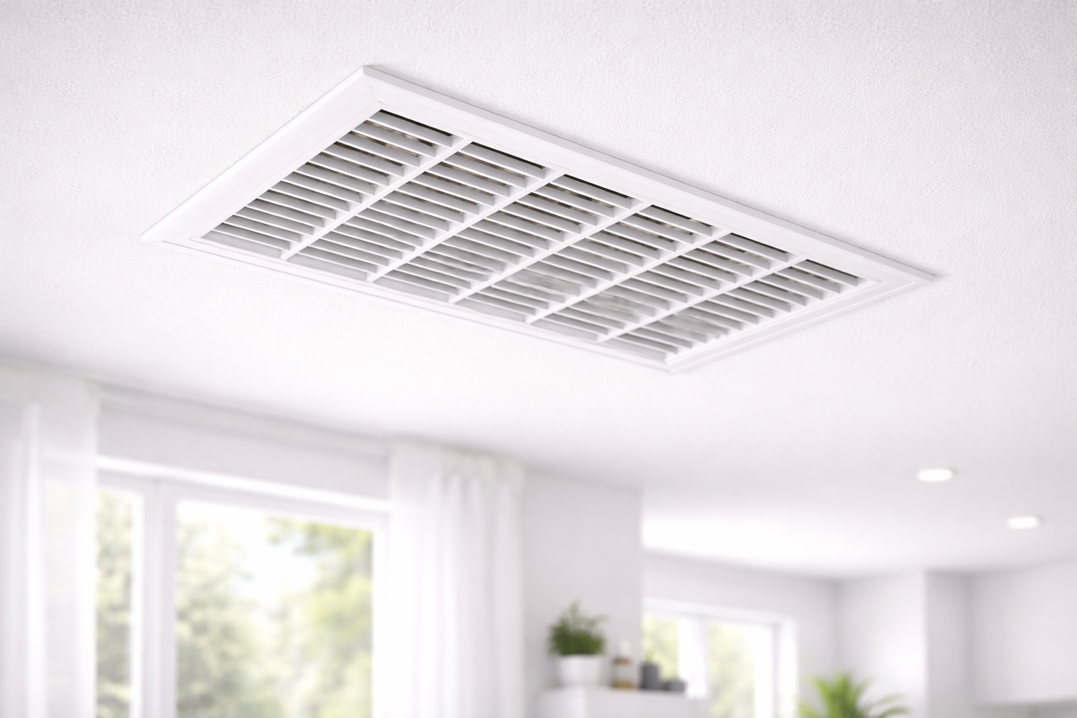 White ceiling air vent in a bright room with soft curtains and plants in the background