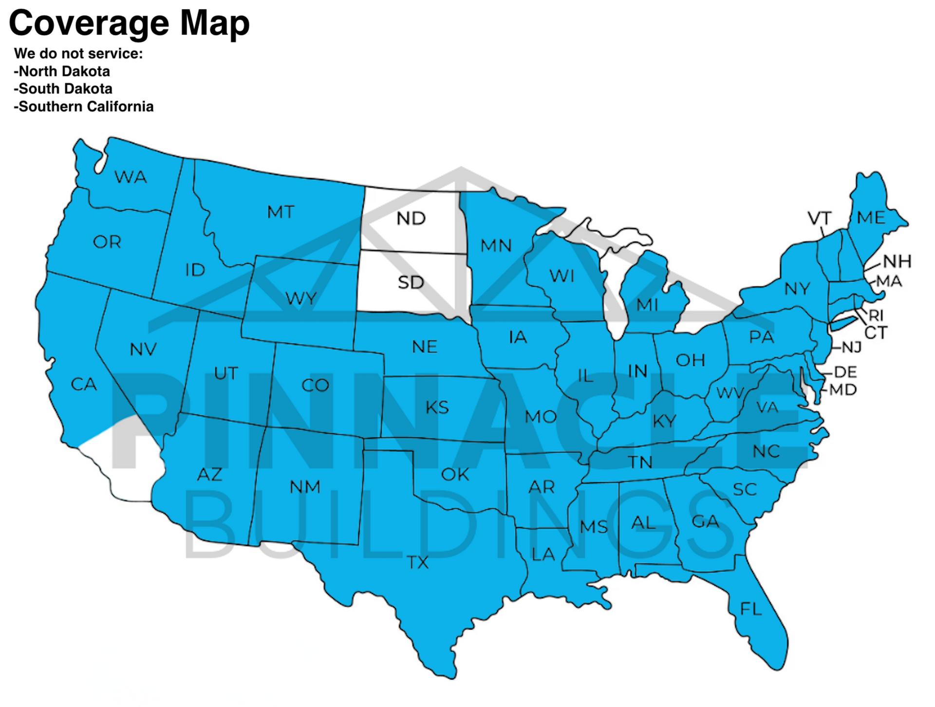 Map of the United States, showing coverage in blue for Pinnacle Buildings.