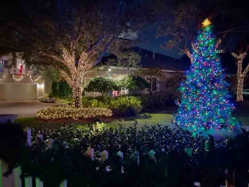 Elegant outdoor Christmas lighting display in Coral Gables