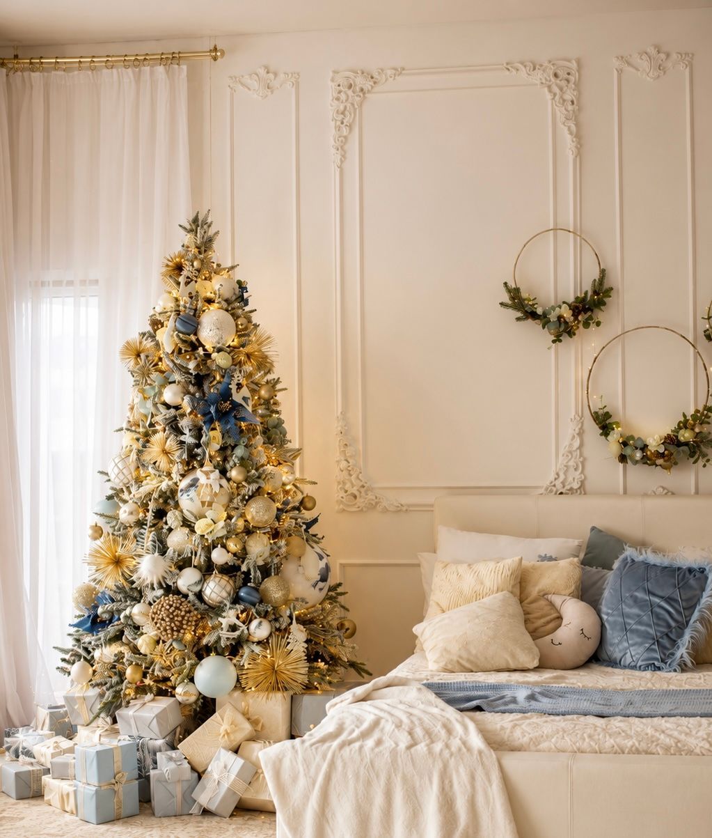 Elegant living room with a decorated Christmas tree, gifts, and a sofa with holiday wreath decor.