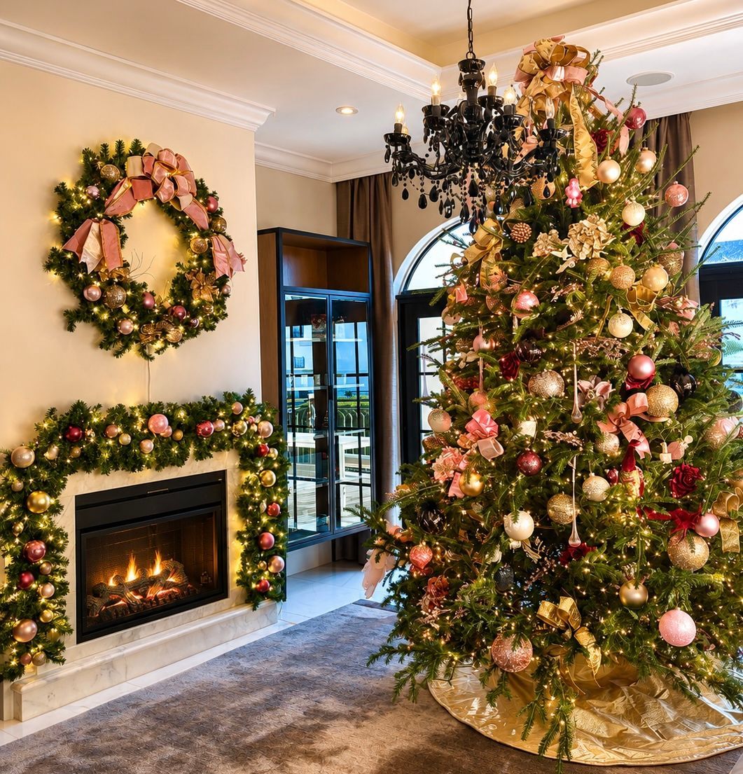 Festively decorated living room with a lit fireplace, wreath, and a large Christmas tree with pink and gold ornaments
