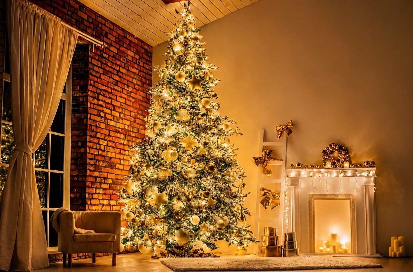Cozy living room with a lit Christmas tree, fireplace, and warm holiday lights