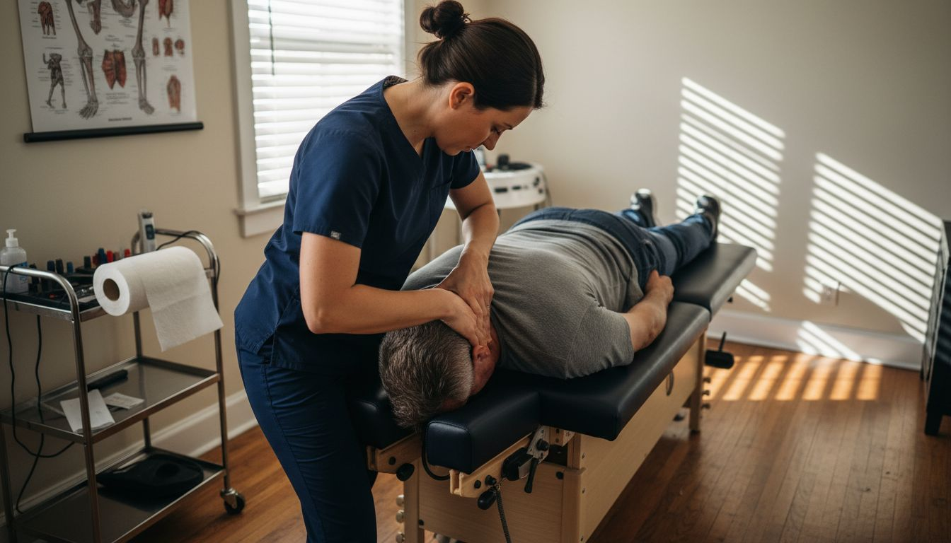 A chiropractor adjusting a patient's neck in an office.